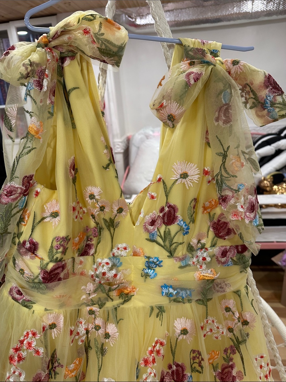 JessaKae Lemon Yellow Floral Tie-Shoulder Midi Dress - Picture 6 of 6